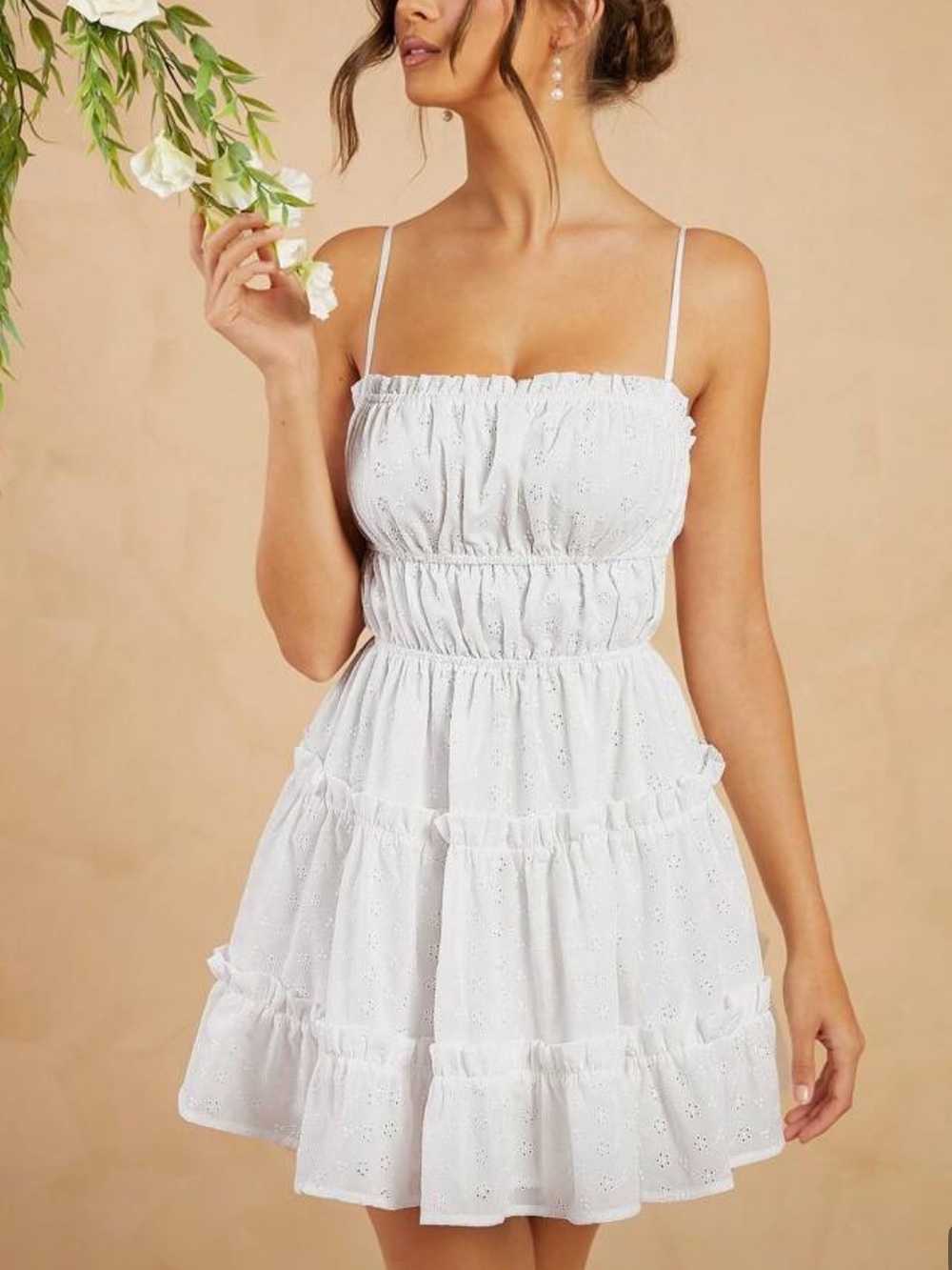 White Floral Eyelet Tiered Sundress with Spaghetti Straps Open Back L Large
